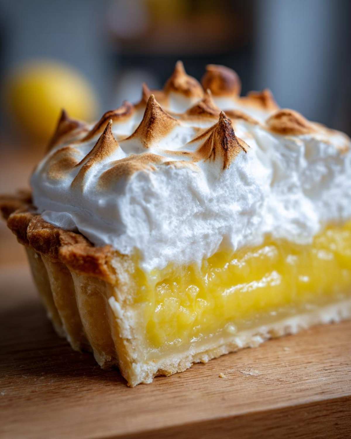 A close-up shot of a slice of lemon meringue pie showing the bright yellow filling and toasted meringue peaks.