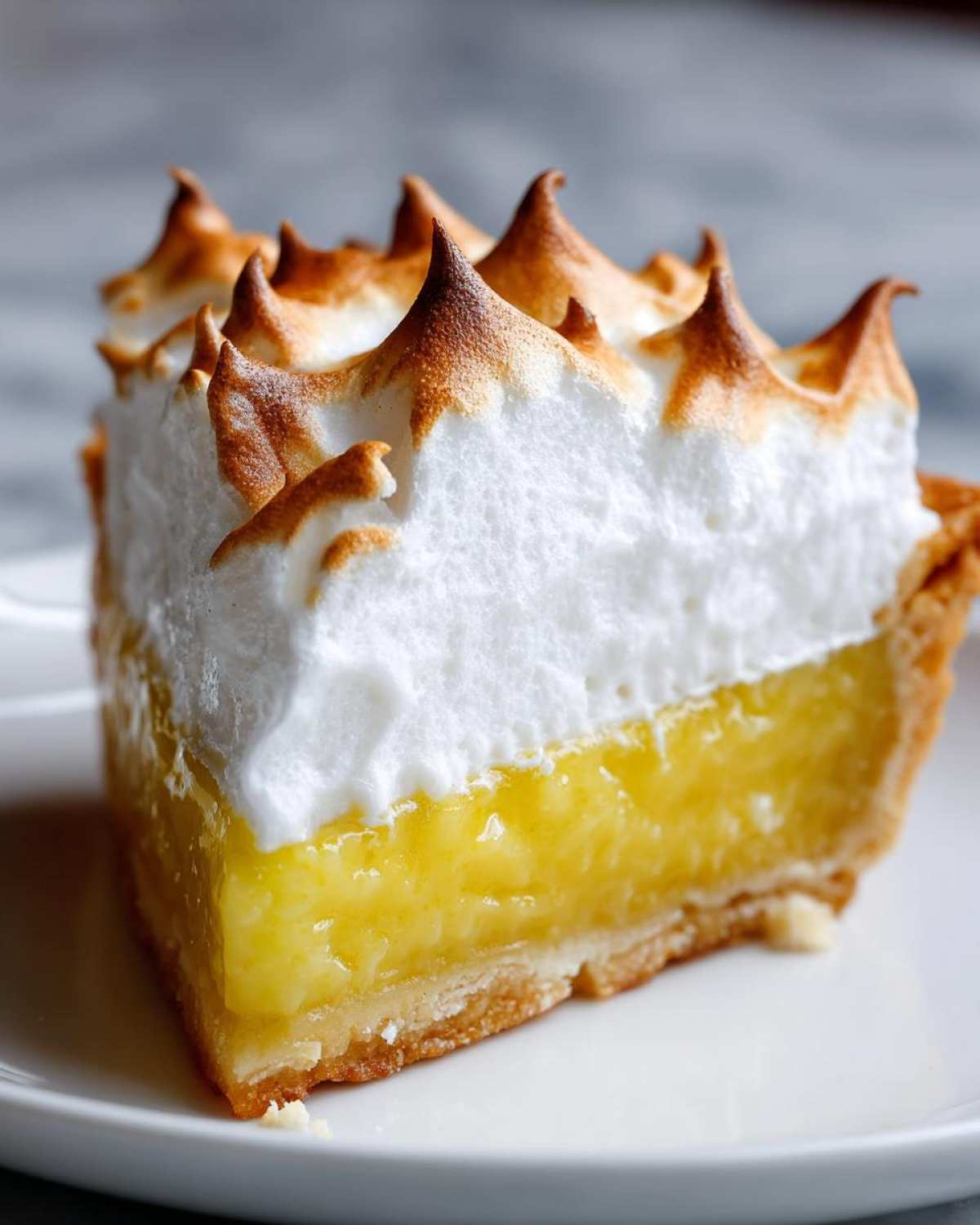 Close-up of a perfect slice of lemon meringue pie showing bright yellow filling and torched meringue peaks.