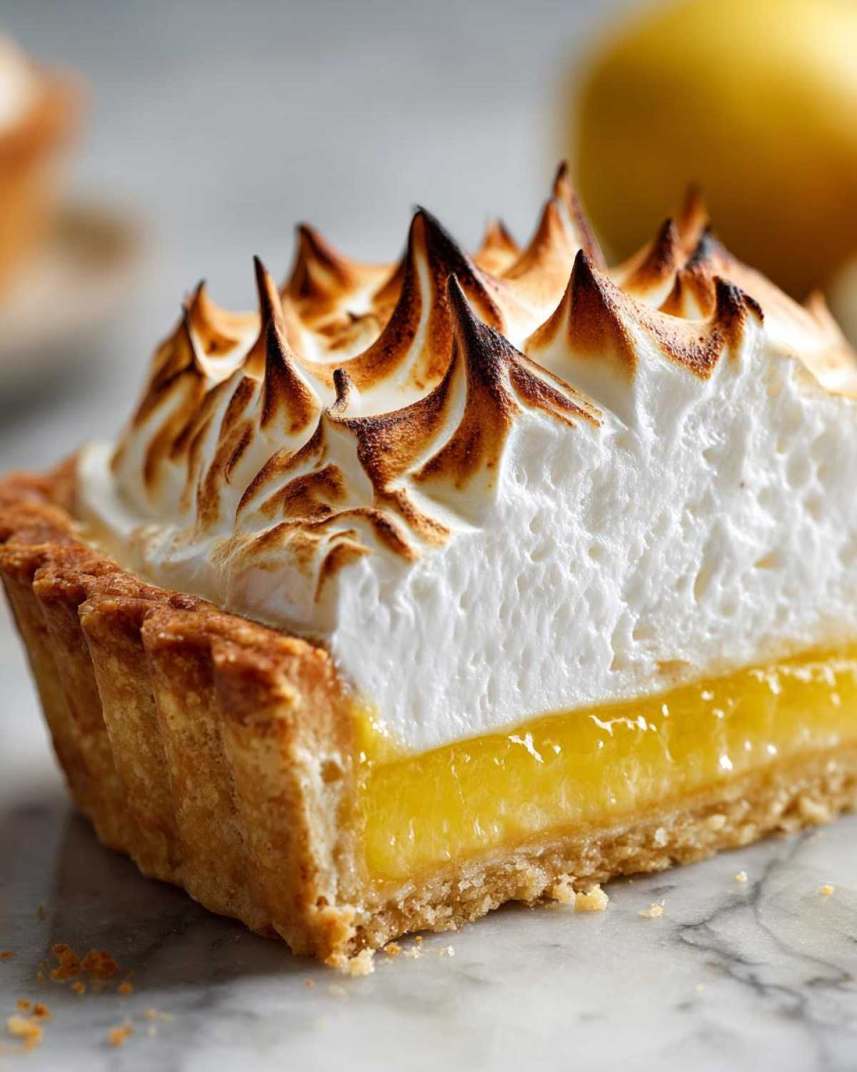 Close-up of a slice of lemon meringue pie showing the golden crust, bright lemon filling, and perfectly torched meringue peaks.