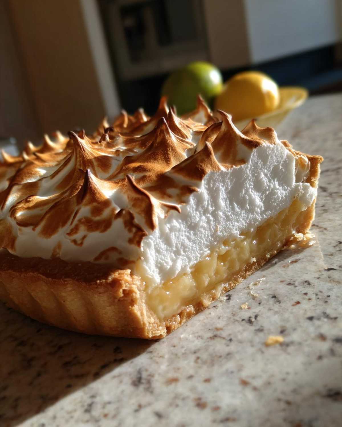 A close-up slice of lemon meringue pie showing the thick, torched meringue peaks over the lemon filling and crust.