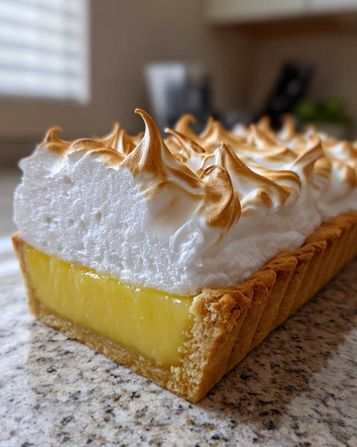 Close-up cross-section of a rectangular lemon meringue tart showing bright yellow filling, crisp crust, and peaks of torched meringue.