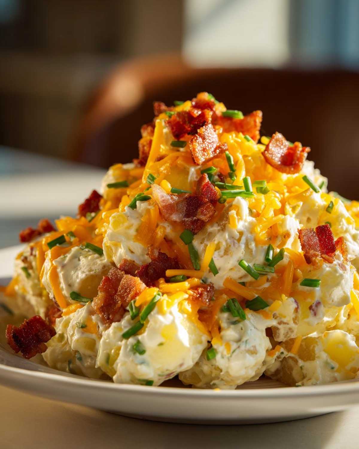A mound of creamy baked potato salad topped generously with shredded cheddar cheese, crispy bacon bits, and fresh chives.