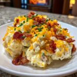 A serving of creamy baked potato salad topped generously with shredded cheddar cheese, crispy bacon bits, and fresh chives.