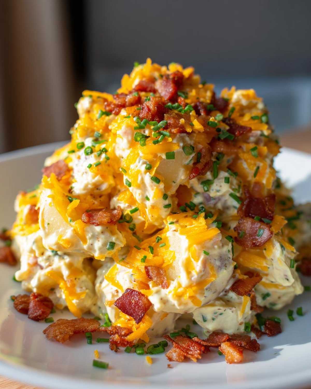 A mound of creamy baked potato salad topped generously with shredded cheddar cheese, crispy bacon bits, and fresh chives.