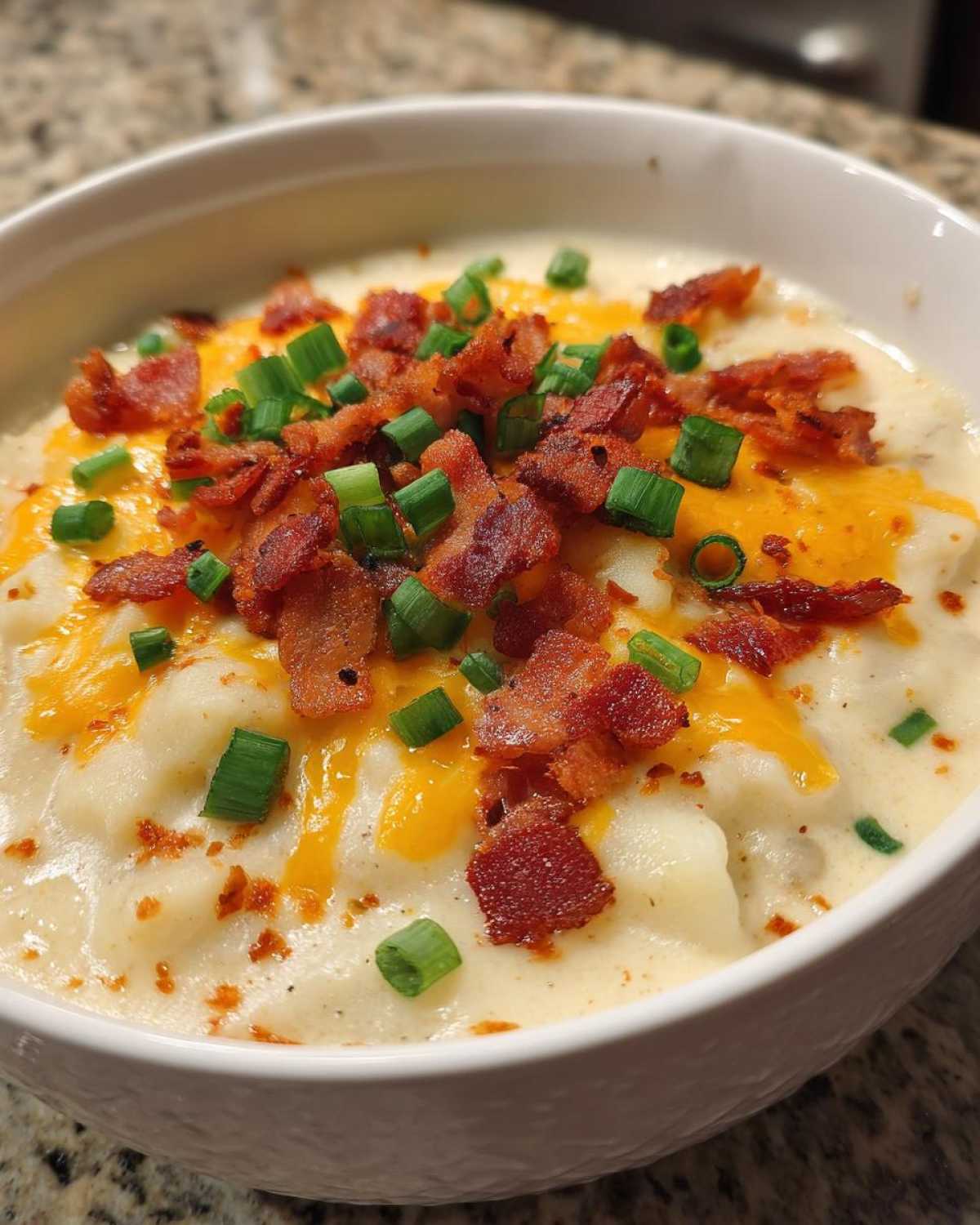 A close-up of a creamy bowl of loaded baked potato soup topped with melted cheddar cheese, crispy bacon bits, and fresh green onions.