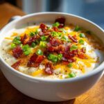 Close-up of creamy loaded baked potato soup topped generously with crispy bacon bits, shredded cheddar cheese, and fresh green onions.