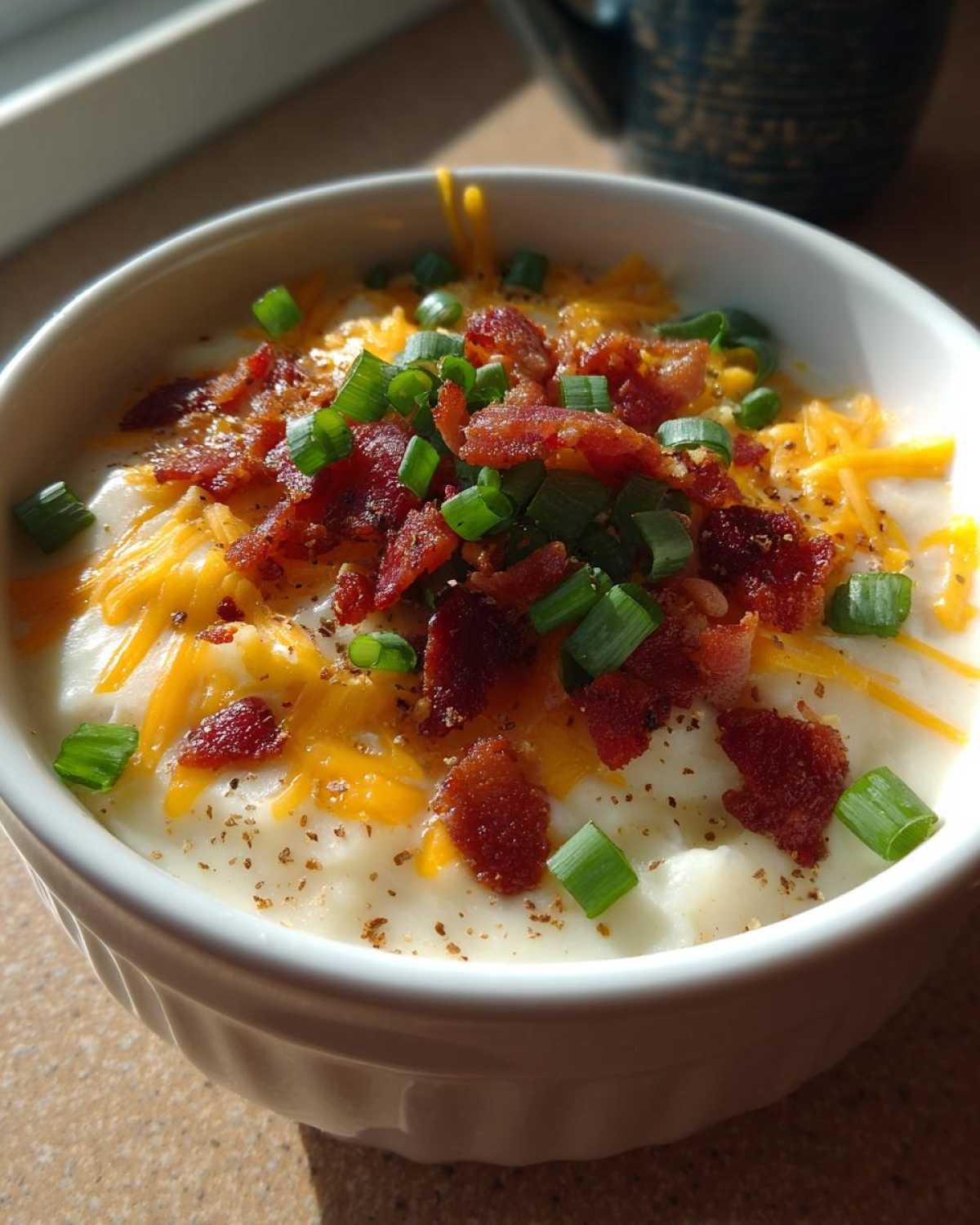 Close-up of a white bowl filled with rich loaded baked potato soup, topped with shredded cheddar, bacon bits, and green onions.
