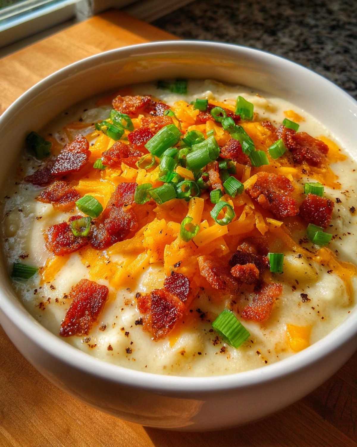 Close-up of a creamy bowl of loaded baked potato soup topped generously with shredded cheese, bacon bits, and fresh green onions.