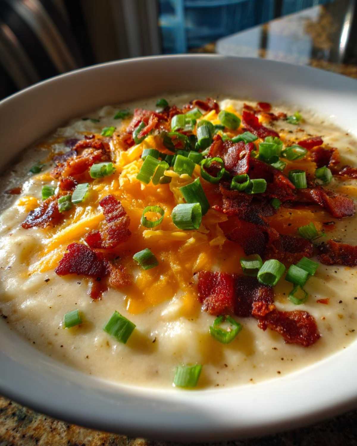 A close-up view of a bowl of rich loaded baked potato soup topped with shredded cheddar, bacon bits, and fresh green onions.