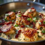 Five golden-brown pieces of marry me chicken simmering in a rich, creamy sauce with sun-dried tomatoes and fresh basil.