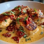 Four pieces of seared Marry Me Chicken served in a rich, creamy sauce with sun-dried tomatoes and fresh basil.