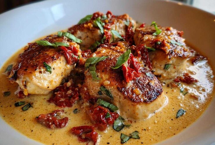 Four pieces of seared Marry Me Chicken served in a rich, creamy sauce with sun-dried tomatoes and fresh basil.