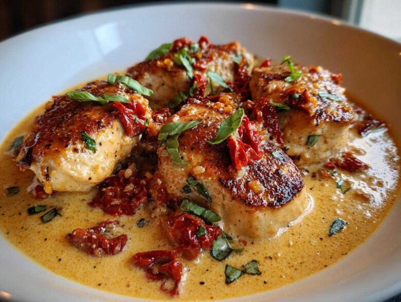 Four pieces of seared Marry Me Chicken served in a rich, creamy sauce with sun-dried tomatoes and fresh basil.