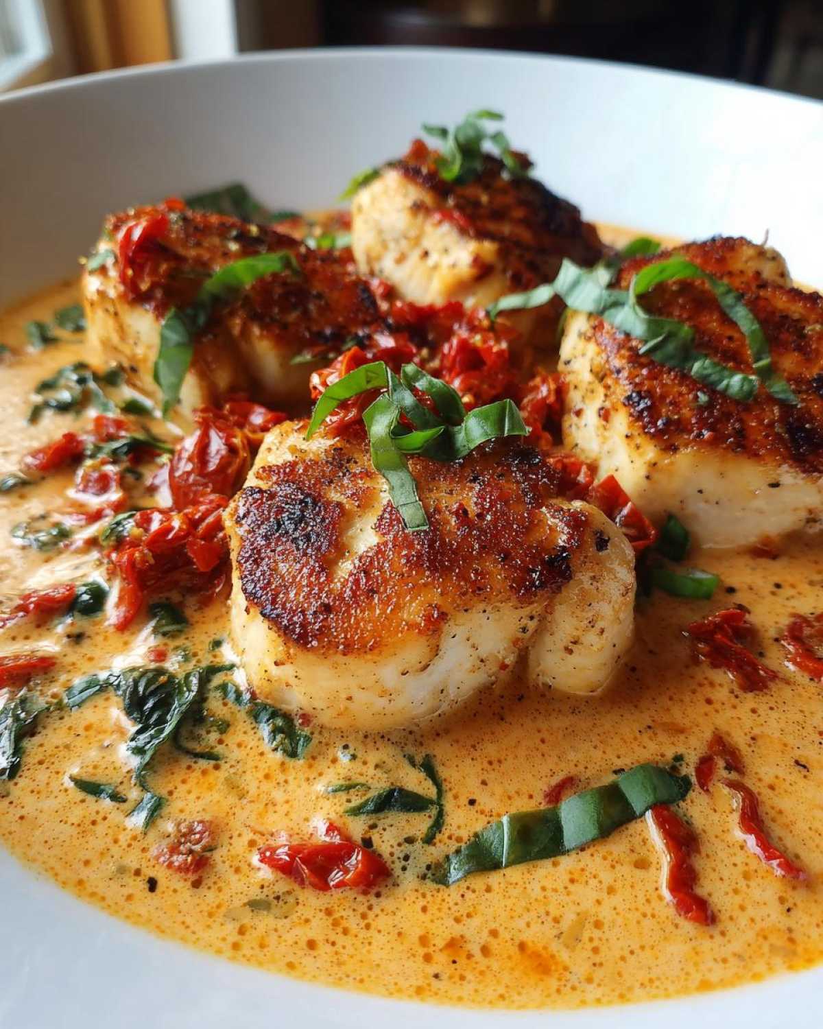 Close-up of seared chicken breasts smothered in a creamy, orange-hued sauce with sun-dried tomatoes and fresh basil, representing Marry Me Chicken.