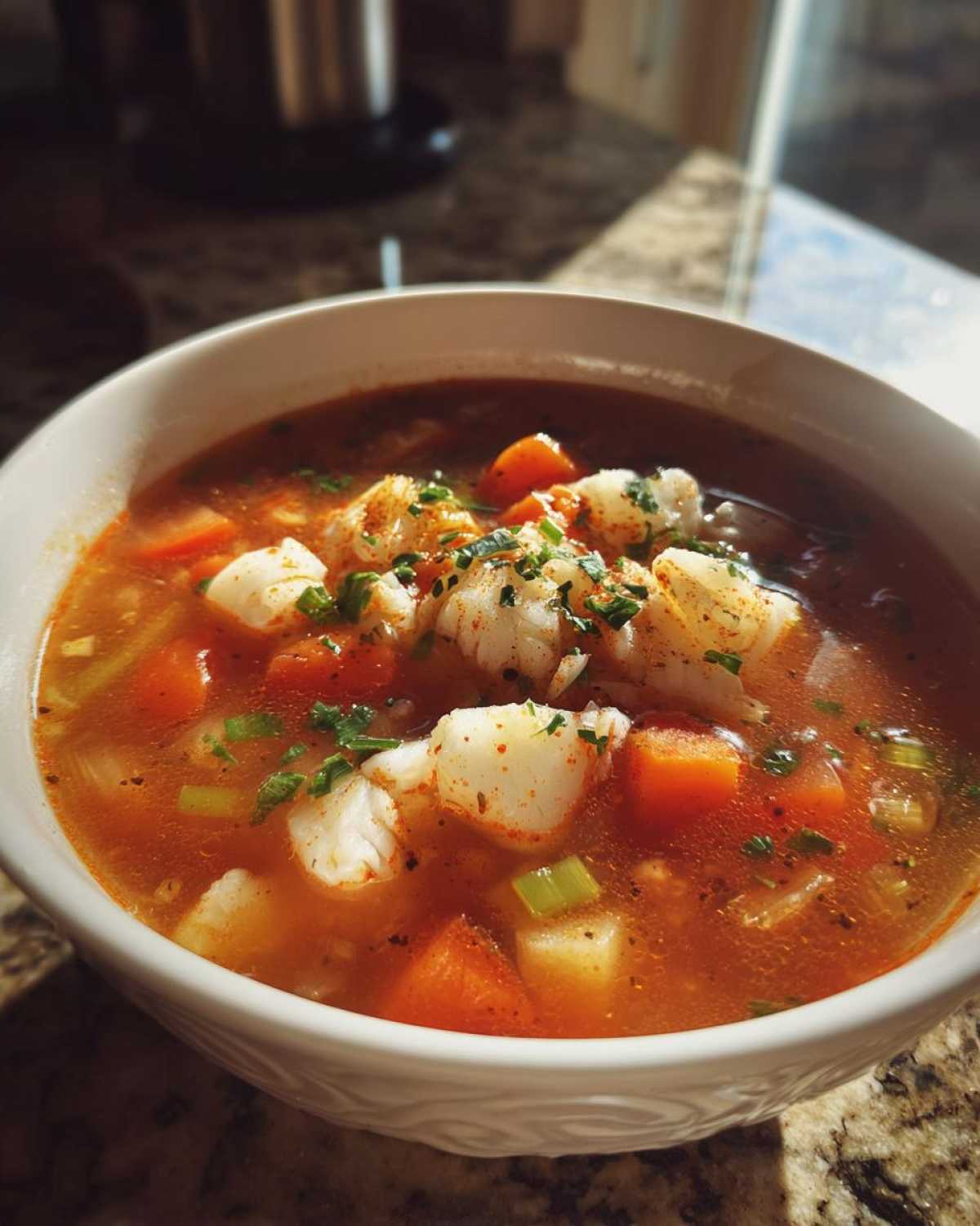 Close-up of a white bowl filled with rich, red broth maryland crab soup, featuring large chunks of crab meat, carrots, and celery.
