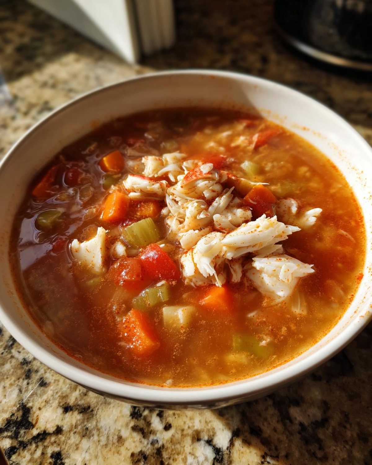 A close-up of a bowl of savory maryland crab soup, topped with lump crab meat and paprika.