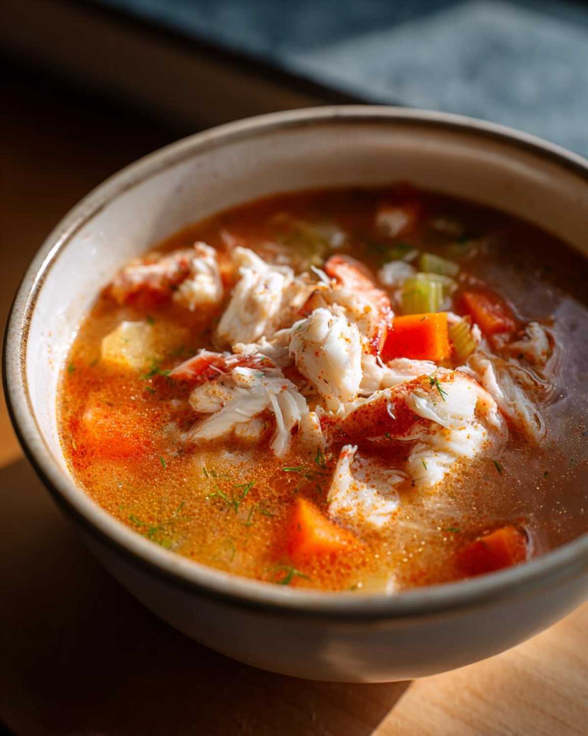 Close-up of a bowl of savory maryland crab soup topped generously with white flaked crab meat and diced carrots.
