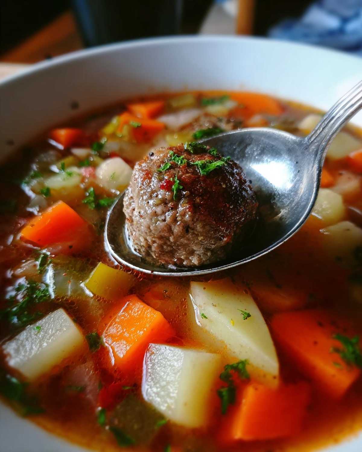 A spoonful lifts a seasoned meatball from a bowl of rich albondigas soup filled with carrots and potatoes.