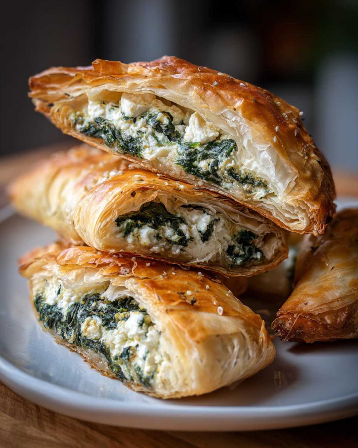 Close-up of flaky, golden-brown Mediterranean Spinach and Feta Cheese Crisps stacked and cut open to show the rich filling.