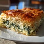 A close-up of a golden, flaky slice of Mediterranean Spinach and Feta Cheese Crisps on a white plate.