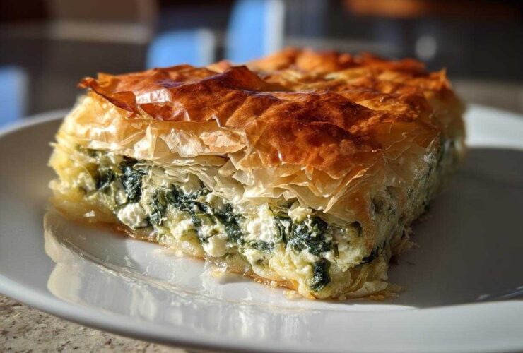 A close-up of a golden, flaky slice of Mediterranean Spinach and Feta Cheese Crisps on a white plate.