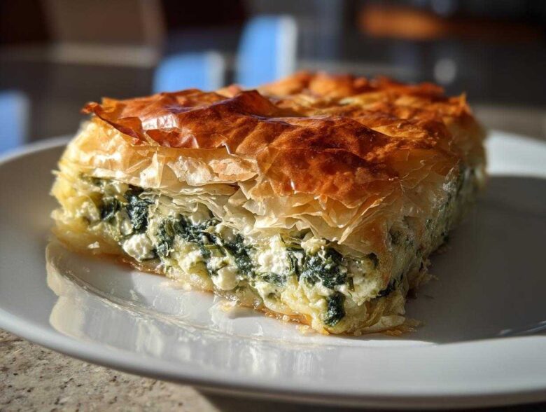 A close-up of a golden, flaky slice of Mediterranean Spinach and Feta Cheese Crisps on a white plate.