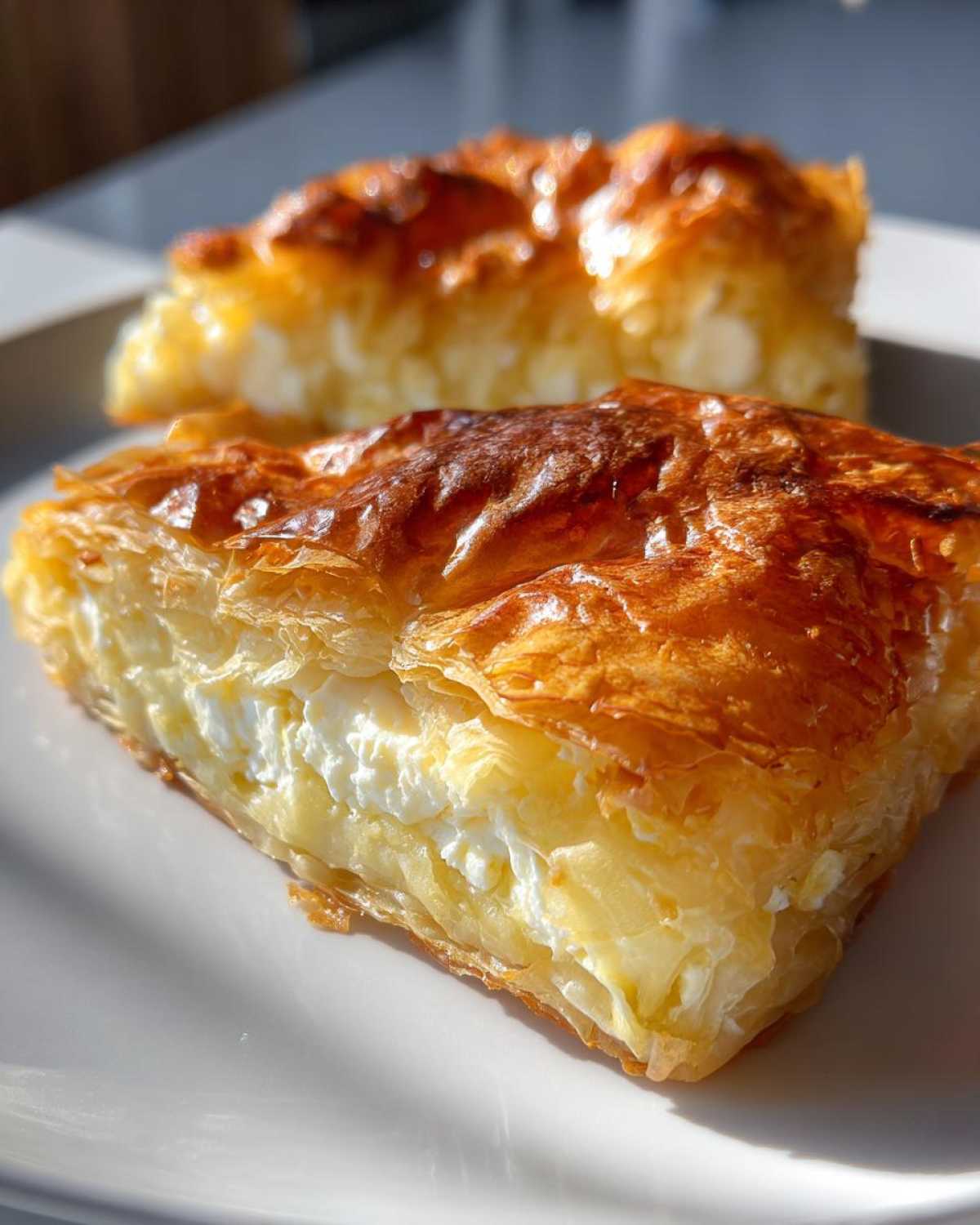 Close-up of two slices of golden brown Mediterranean Spinach and Feta Cheese Crisps showing flaky phyllo layers and creamy white filling.