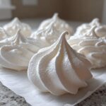Close-up of several freshly piped, crisp white meringue cookies resting on parchment paper.
