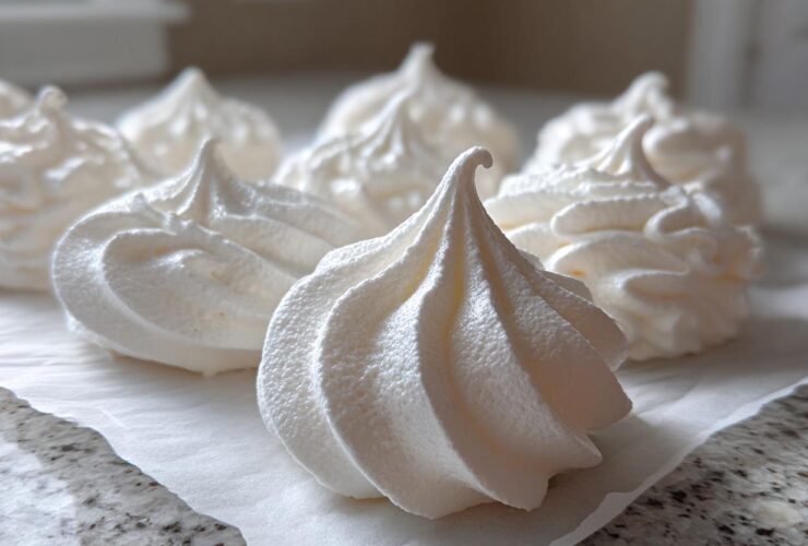 Close-up of several freshly piped, crisp white meringue cookies resting on parchment paper.