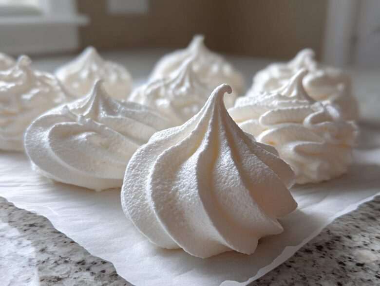 Close-up of several freshly piped, crisp white meringue cookies resting on parchment paper.