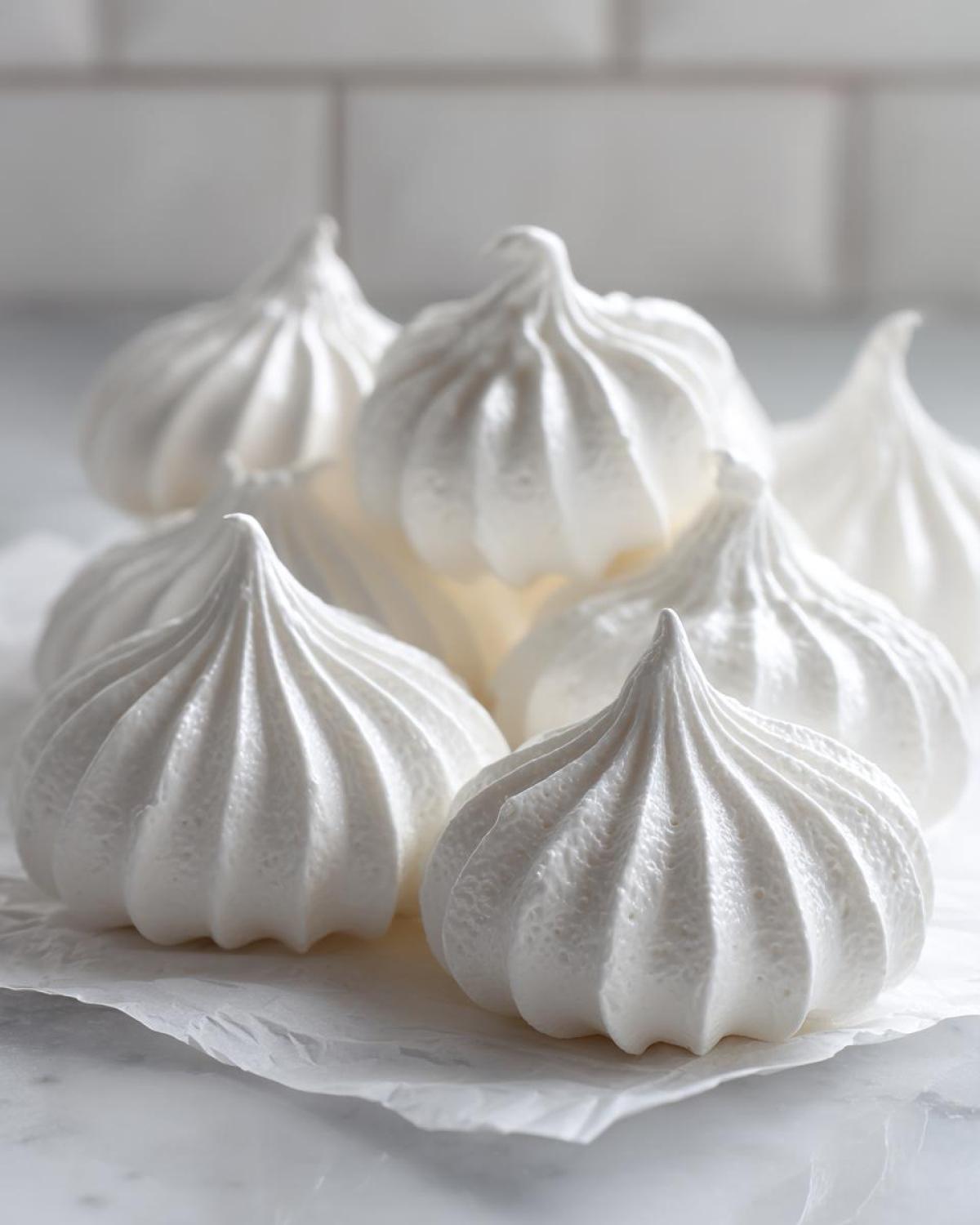 A close-up of several perfectly piped, crisp white meringue cookies resting on parchment paper.