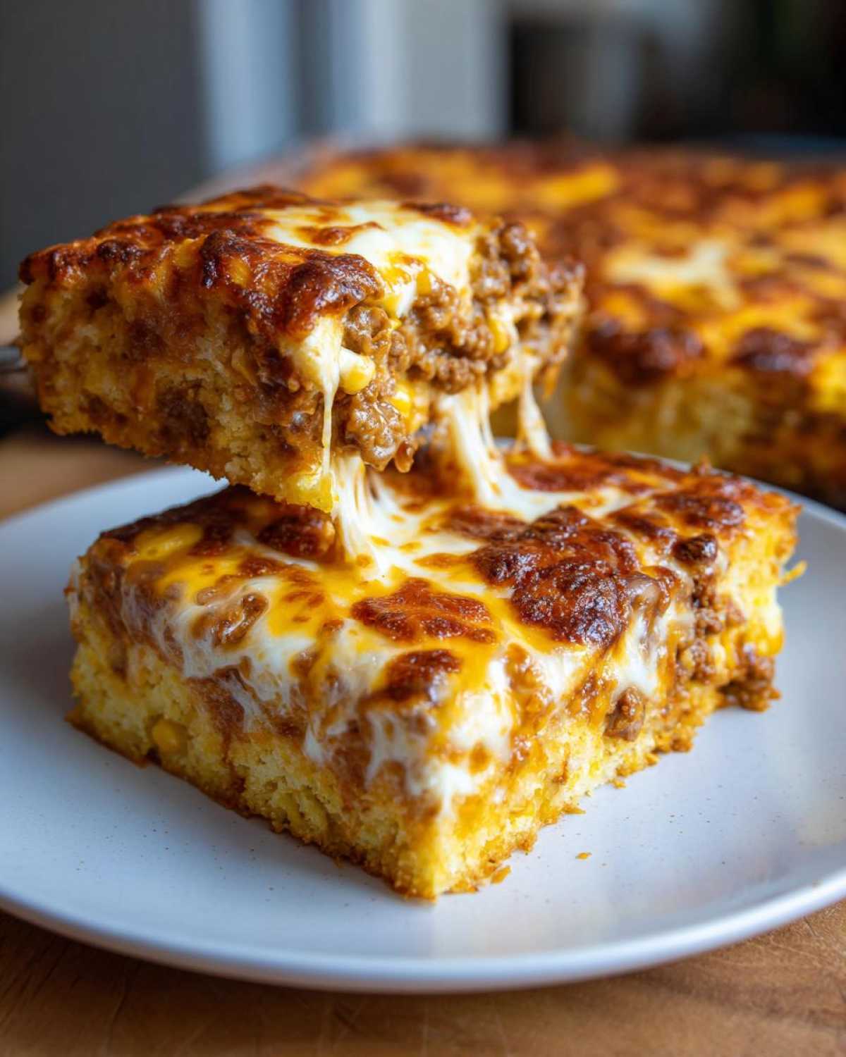 A serving of mexican cornbread casserole with melted, stringy cheese being lifted from a plate.