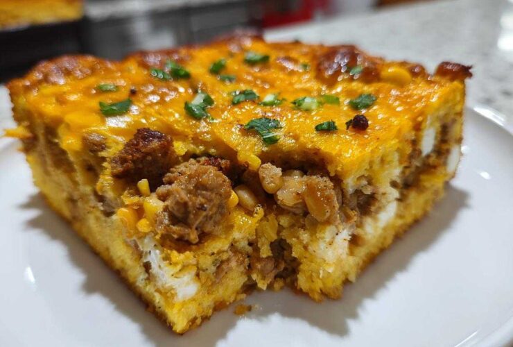 Close-up of a hearty slice of mexican cornbread casserole topped with melted cheddar cheese and green onions.
