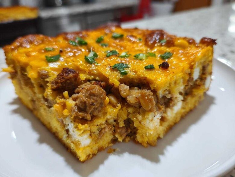 Close-up of a hearty slice of mexican cornbread casserole topped with melted cheddar cheese and green onions.