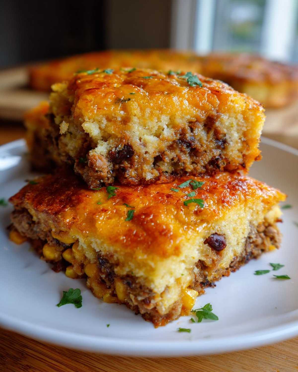 Two stacked squares of cheesy Mexican cornbread casserole with a savory meat and corn filling.