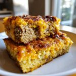 Two stacked squares of baked mexican cornbread casserole showing a savory meat filling and a cheesy, browned top.