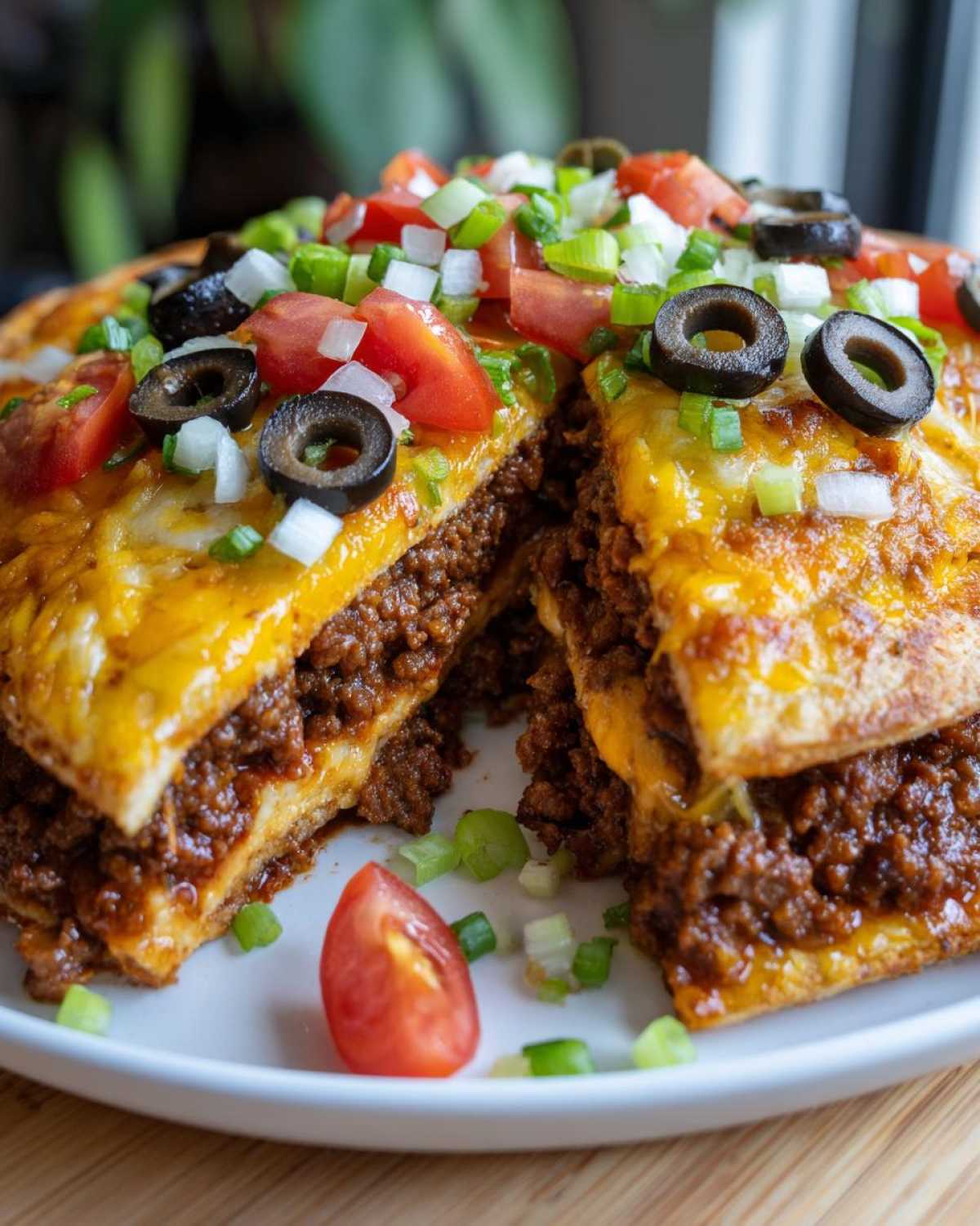 A cross-section view of a layered Mexican pizza filled with seasoned ground beef and melted cheese, topped with tomatoes, olives, and green onions.