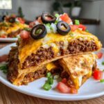 Two stacked slices of Mexican pizza showing seasoned ground beef filling and melted cheese, topped with olives and fresh salsa.