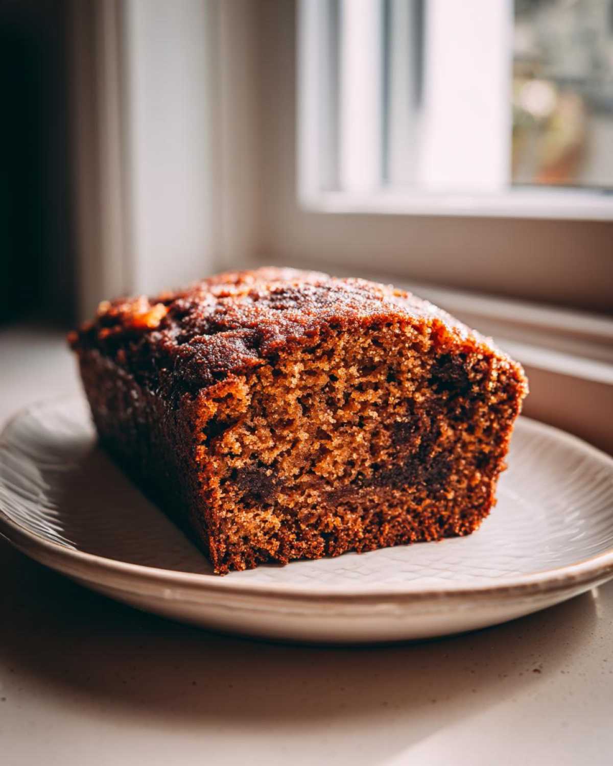 A moist, dark brown slice of applesauce cake loaf resting on a light-colored plate near a window.