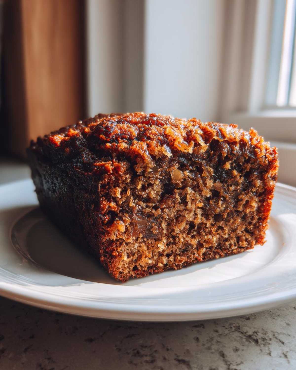 Close-up of a dark, moist slice of applesauce cake resting on a white plate, showing its rich texture.