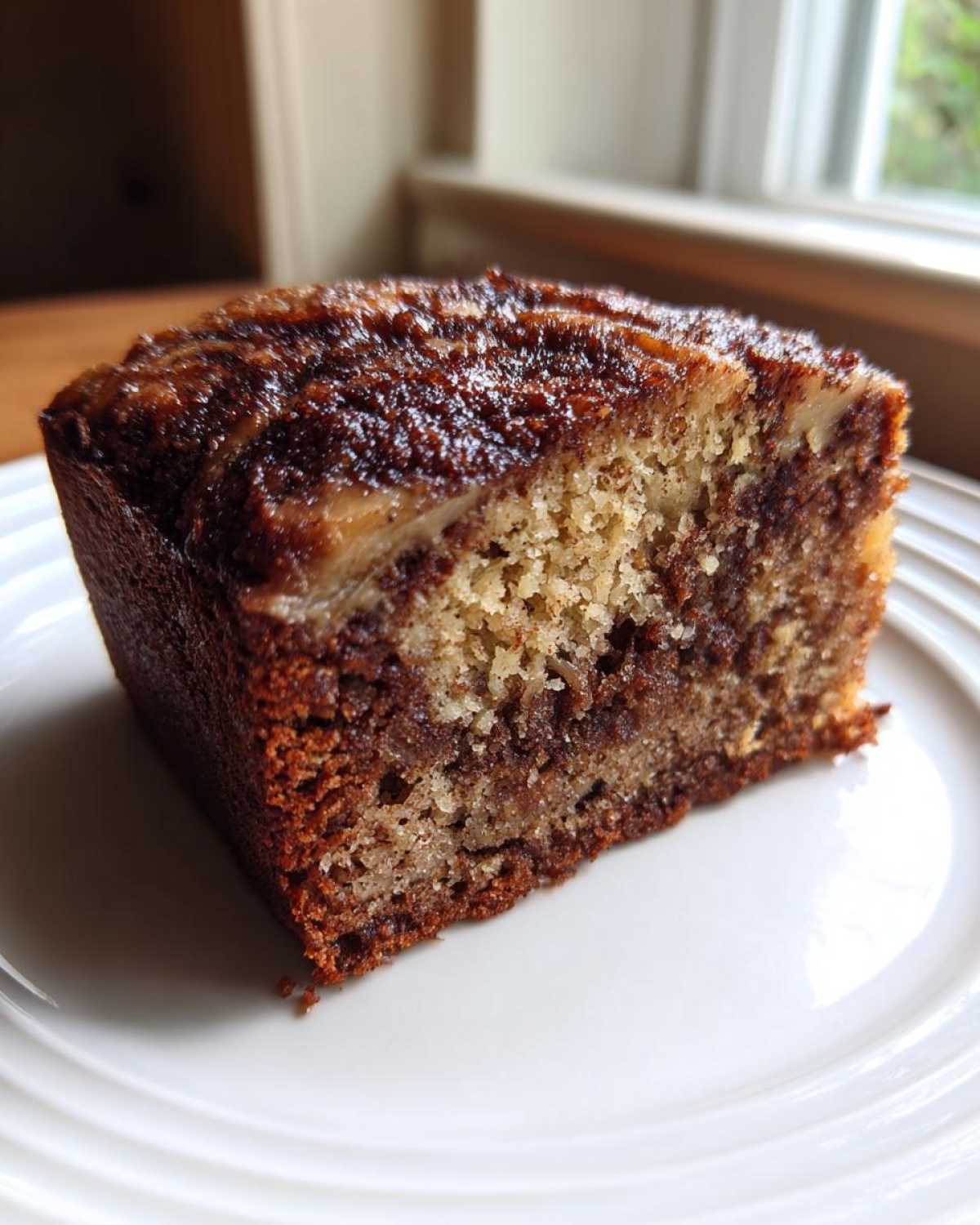 Close-up of a moist slice of applesauce cake featuring a dark cinnamon swirl topping on a white plate.