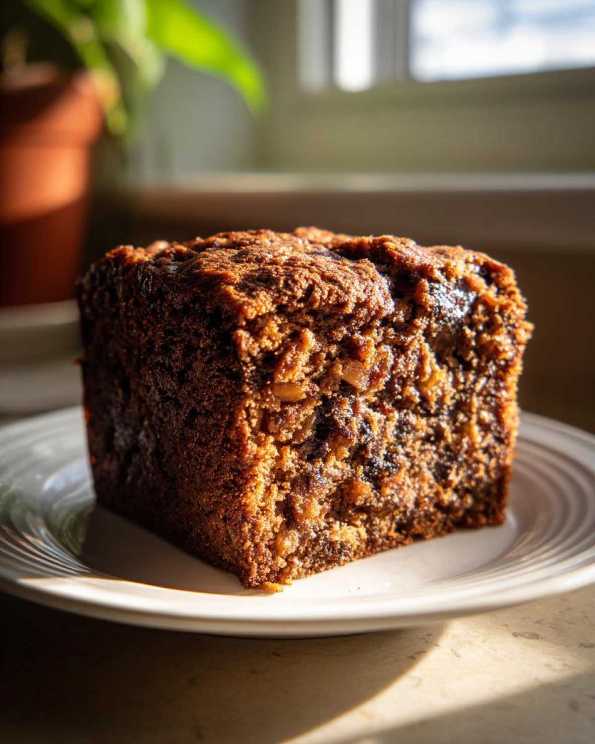 Close-up of a moist, dark brown slice of applesauce cake showing fruit and nut inclusions on a white plate.