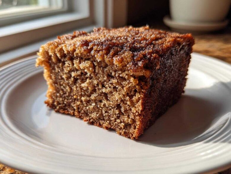 Close-up of a perfectly moist slice of applesauce cake with a dark, sugary crust, sitting on a white plate.