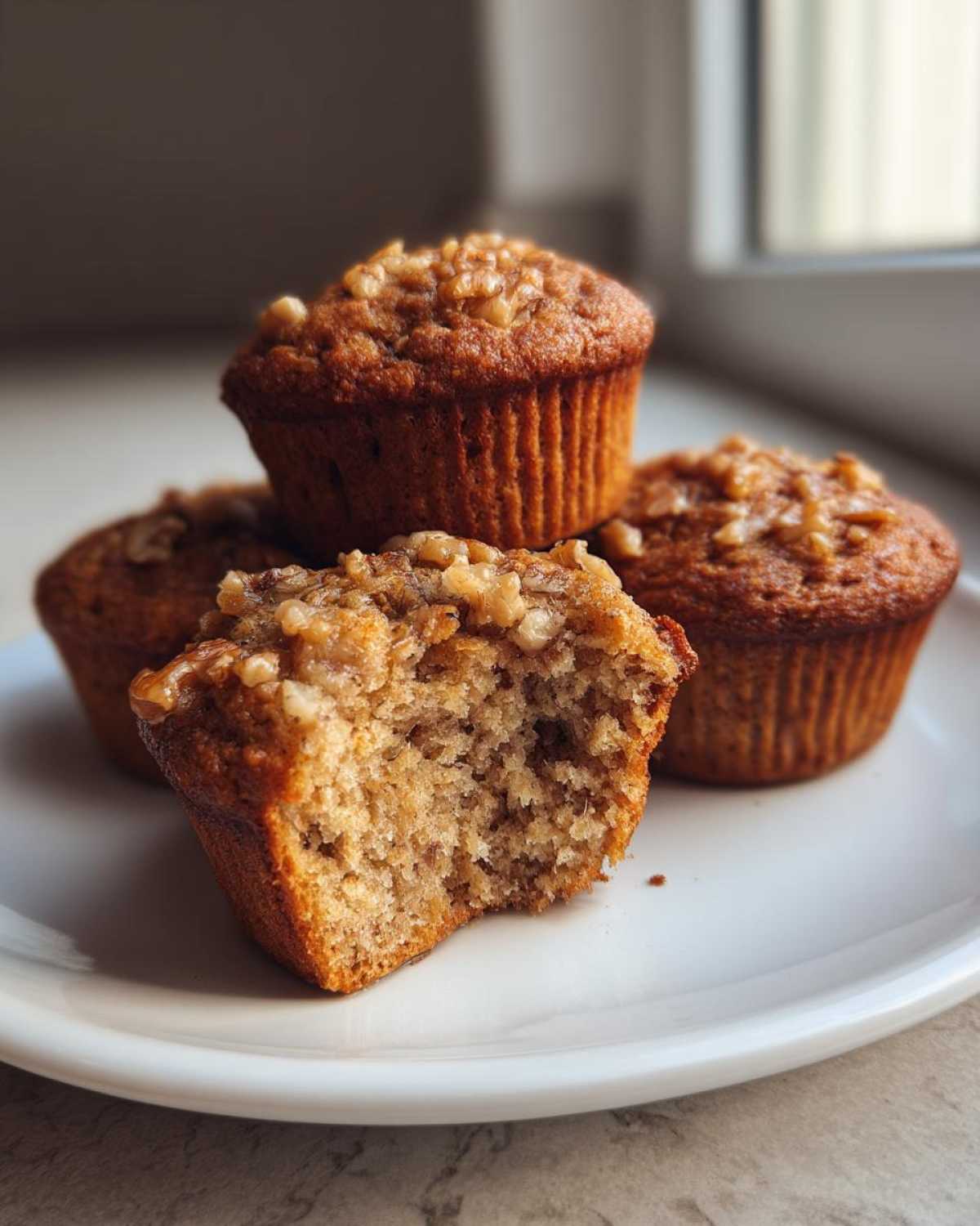 A close-up of moist banana nut muffins, one bitten into, showing the crumb texture and walnut topping.