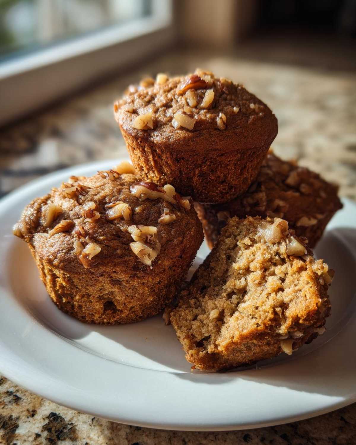 A stack of moist banana nut muffins, one cut open to show the texture, topped with chopped walnuts.