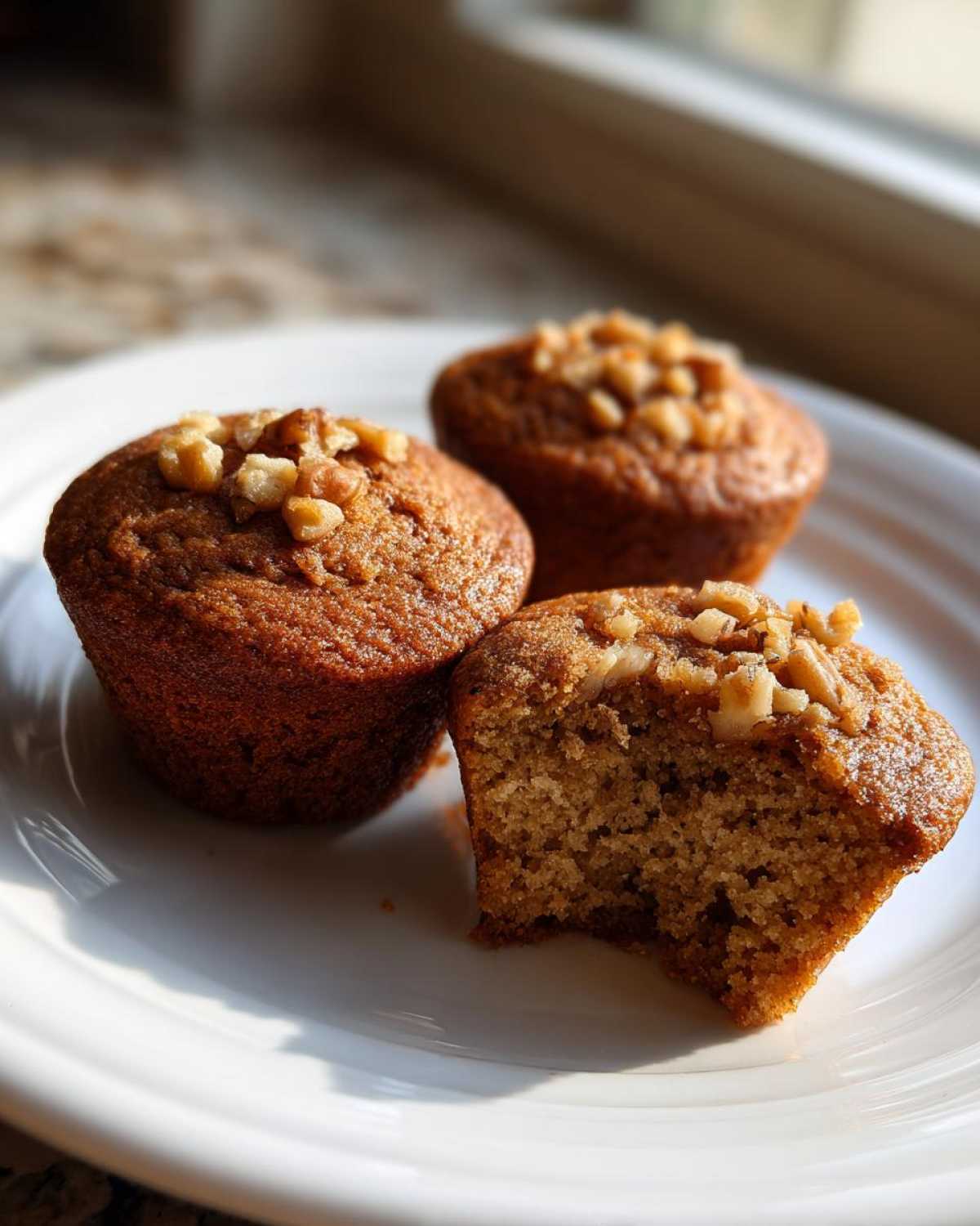 Three moist banana nut muffins on a white plate, one bitten to show the soft interior and walnut topping.