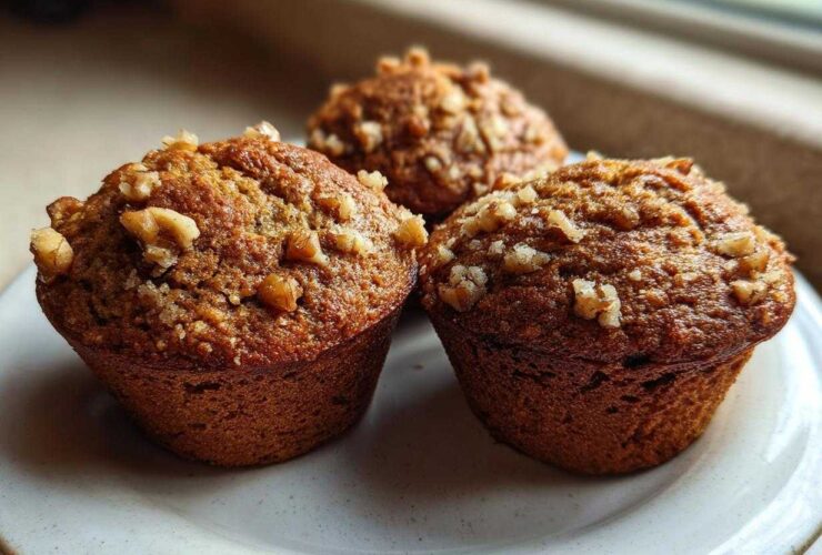Close-up of three freshly baked, moist banana nut muffins topped with chopped walnuts on a light plate.