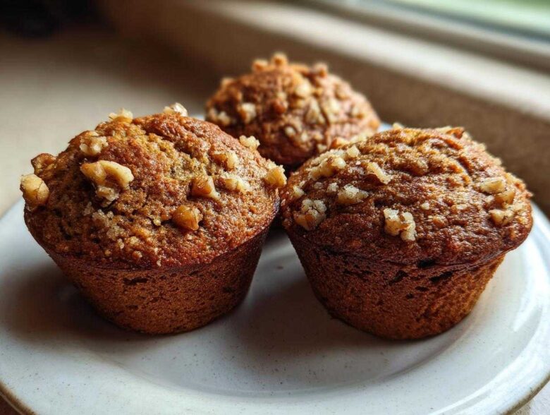 Close-up of three freshly baked, moist banana nut muffins topped with chopped walnuts on a light plate.