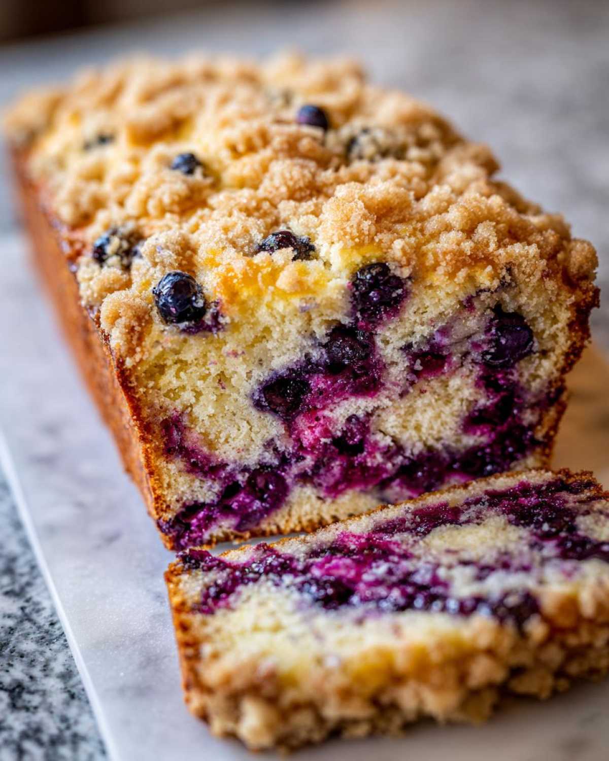 A close-up of sliced blueberry banana bread featuring a rich, purple blueberry swirl and a golden streusel topping.