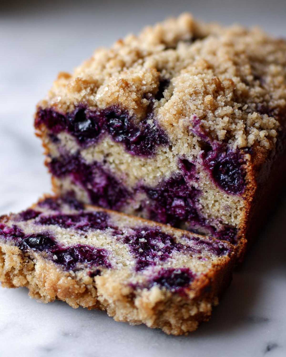 Close-up of a loaf of blueberry banana bread, sliced, showing moist crumb and thick blueberry swirls, topped with streusel.